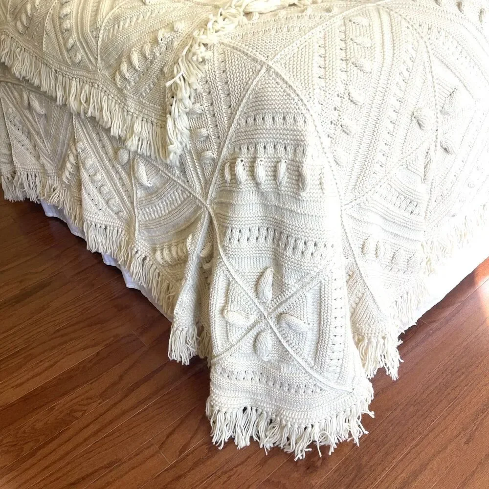 Vintage 1970s Hand Knit Queen Bedspread Blanket Set Ivory Boho Cottage Grandma